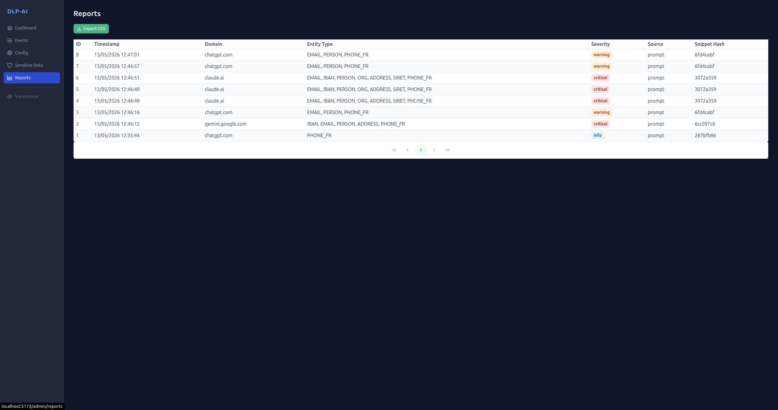 Page d'export des rapports
