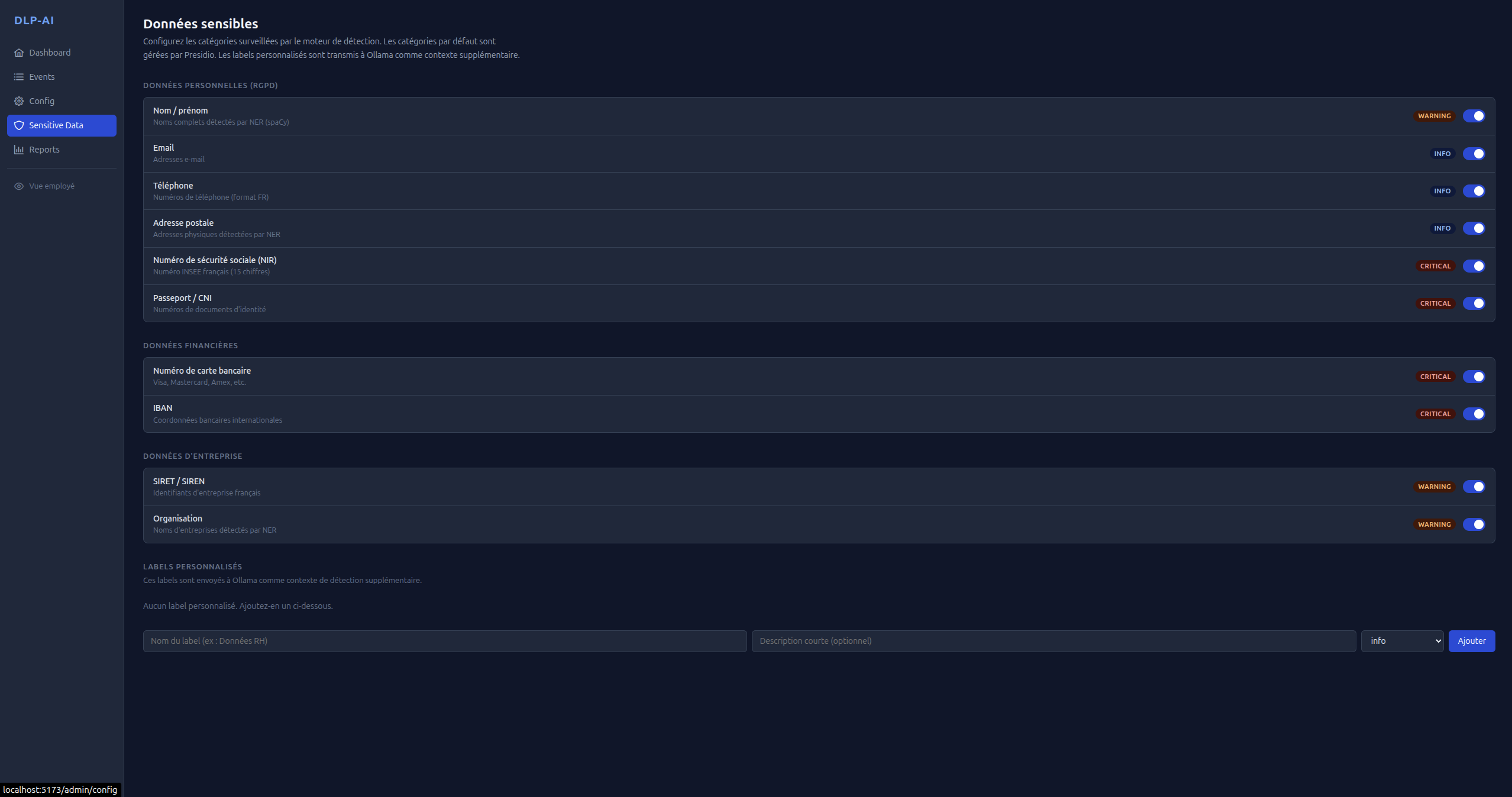 Configuration des données sensibles